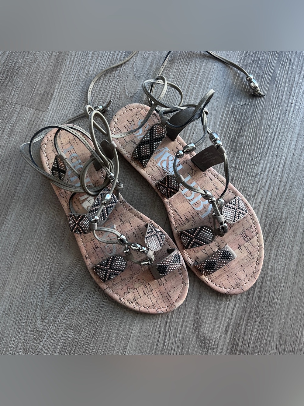Sam & Libby Bethany Beaded Gladiator Sandals Lace Up Boho Strappy Flat Cork Sz 7